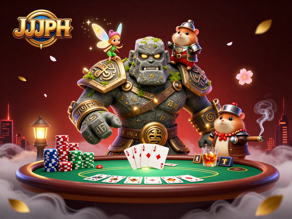 Experience JJJPH's vibrant poker scene with a magical golem and fairy companions.