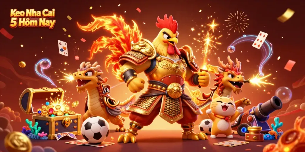 Engage with Keo Nha Cai 5 Hôm Nay through lively gambling elements featuring a rooster warrior and dragon hatchling.