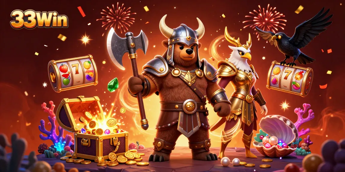 Experience thrilling wins with 33Win's Viking berserker and golden eagle in an action-packed casino scene.