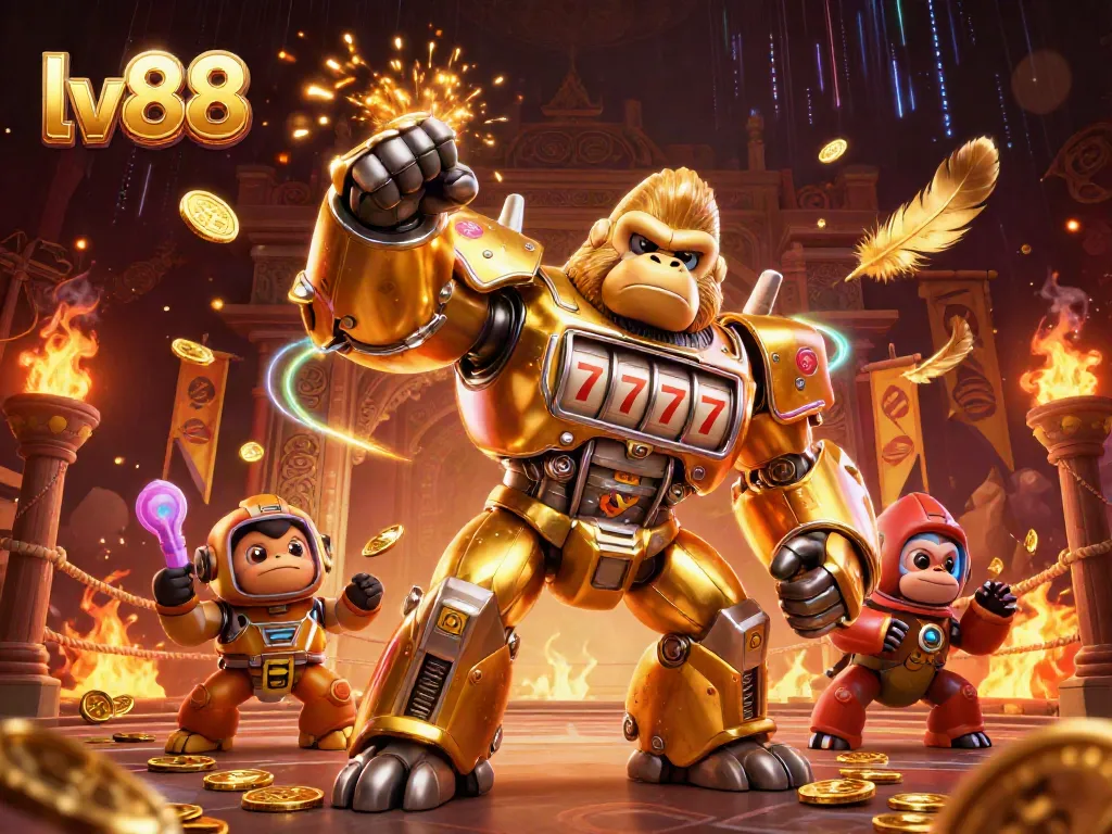 Experience the excitement of lv88 with a golden gorilla mech in a gaming battleground.