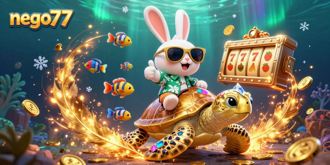 Win big with nego77 in an exciting slot scene featuring a lucky rabbit and golden turtle.
