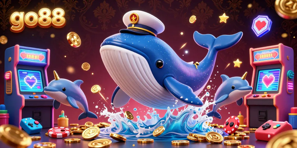 Experience winning thrill at go88 with playful dolphins and a captain whale amidst a vibrant casino-themed illustration.
