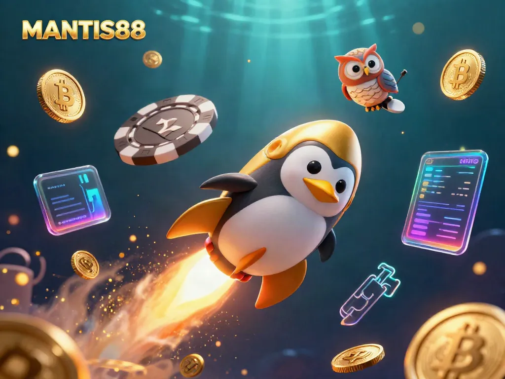 MANTIS88 offers an exciting journey through space alongside a golden penguin and casino elements, creating a thrilling gambling atmosphere.