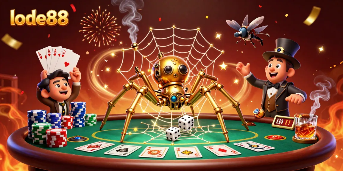 Engage with the gaming world at lode88 as a golden spider captures dice in a vibrant casino scene.