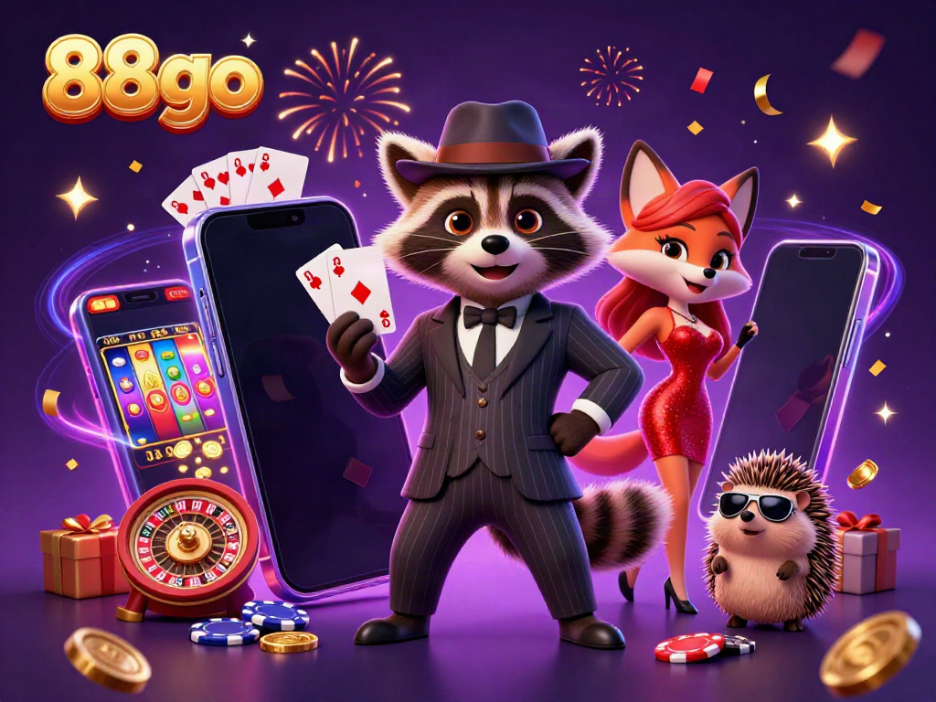 Experience thrilling gaming action with 88go, featuring a charming raccoon with a royal flush and a stunning fox.