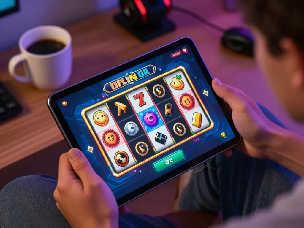 Engaging slot machine gameplay on a tablet by wittehomesolutions in a cozy home setting.