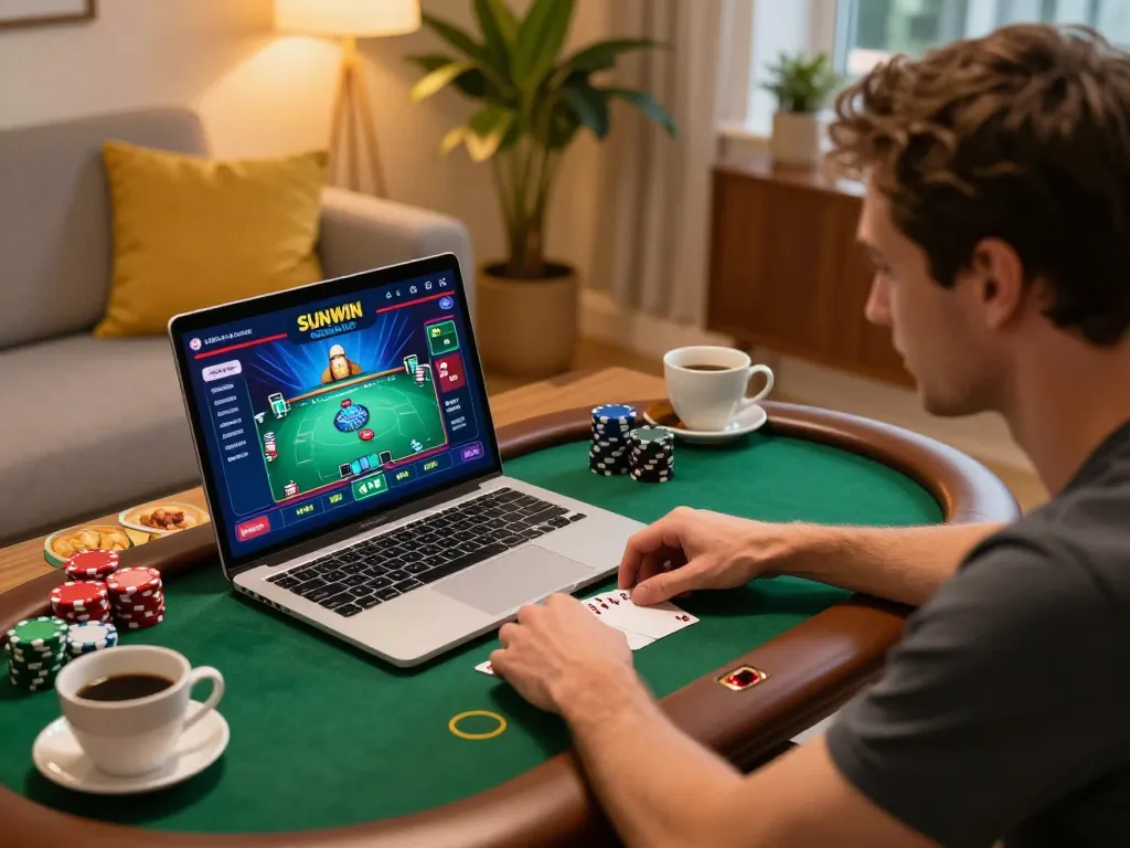 Engaging in an online poker game on LINK SUNWIN platform from cozy home setup