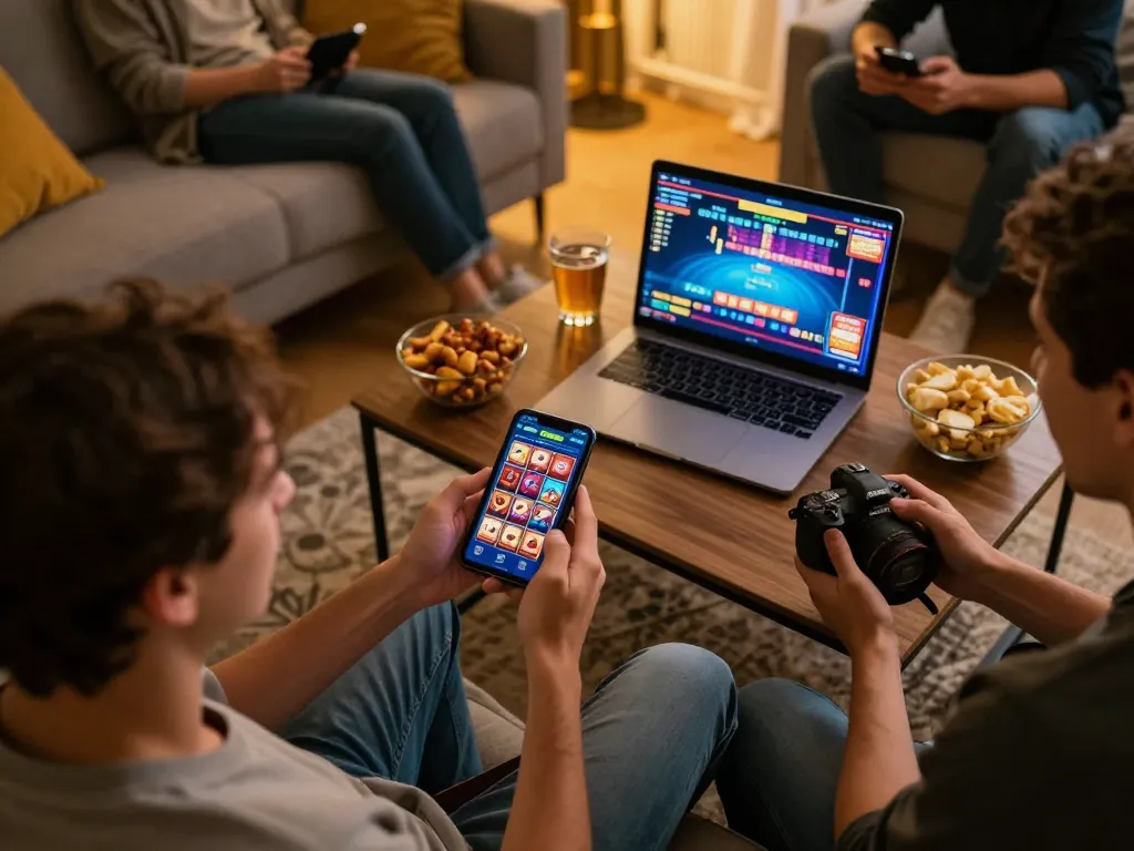 Các game thủ tận hưởng ứng dụng di động 12bet để chơi cờ bạc trực tuyến trong một phòng khách ấm cúng.