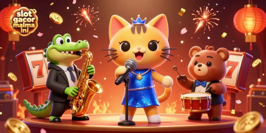 Experience the excitement of slot gacor malma ini with characters in a lively casino atmosphere, showcasing winning elements and captivating scenes.