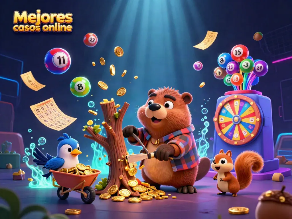 Disfruta de los mejores casinos online mientras el castor recolecta monedas de oro en un ambiente vibrante.