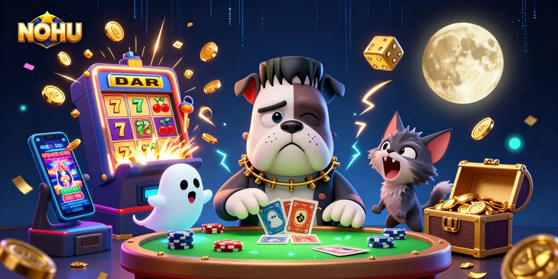 NOHU showcases a thrilling cartoon casino scene with a bulldog dealer and rich casino elements.