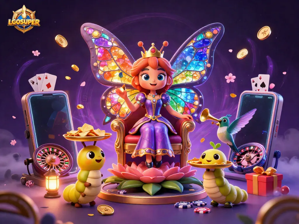 Experience thrill with LGOSUPER's vibrant scene of a butterfly queen, slot games, and flowing coins.