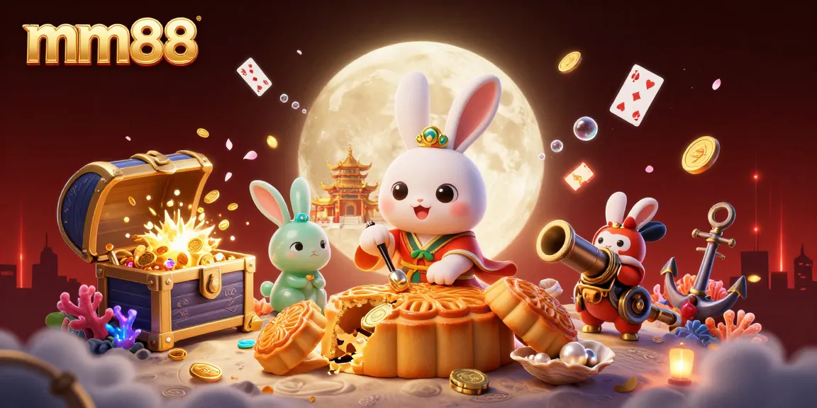 Engage with mm88 as the moon rabbit reveals poker chips from golden mooncakes in 3D casino scene.