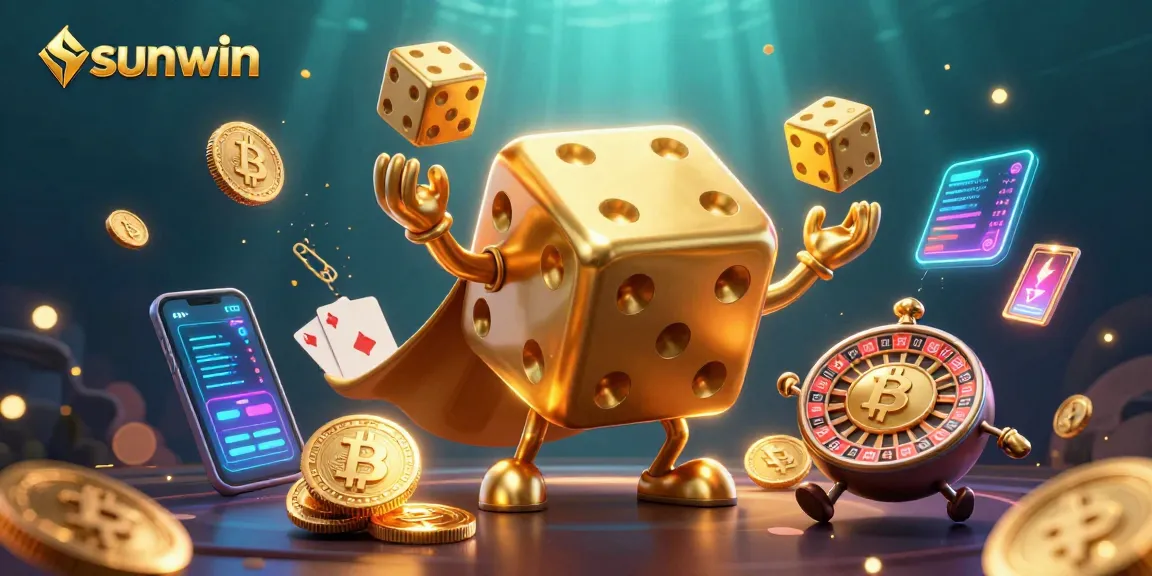 Experience the vibrant world of sunwin as golden dice juggle alongside cryptocurrency coins and exciting game elements.