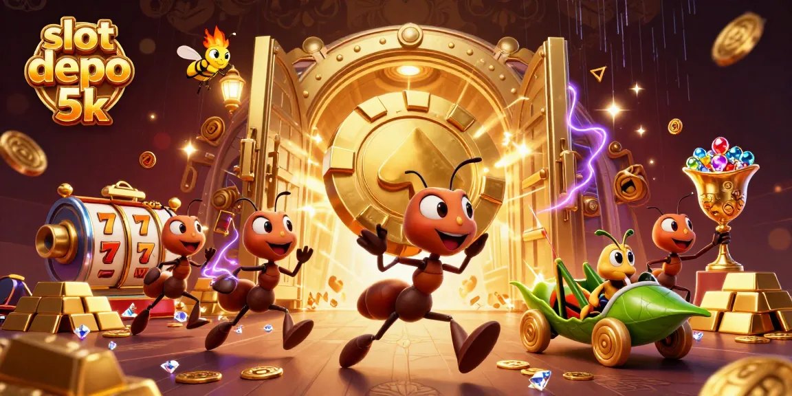 Play thrilling slot depo 5k with cartoon ants heisting golden poker chips, surrounded by jewels.