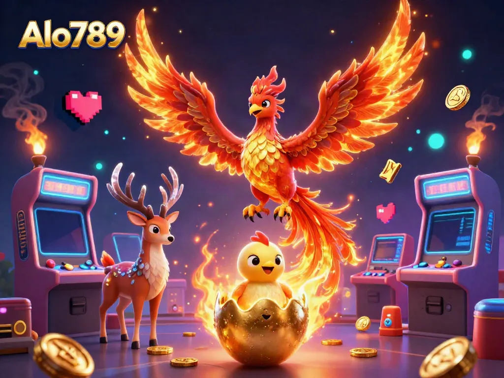 Alo789 engages players with a fiery phoenix and mystical stag in a dynamic gambling scene.