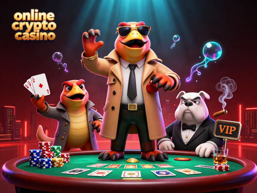 Vivi l'azione in un online crypto casino con divertenti rapaci in un trench coat e un buttafuori bulldog.