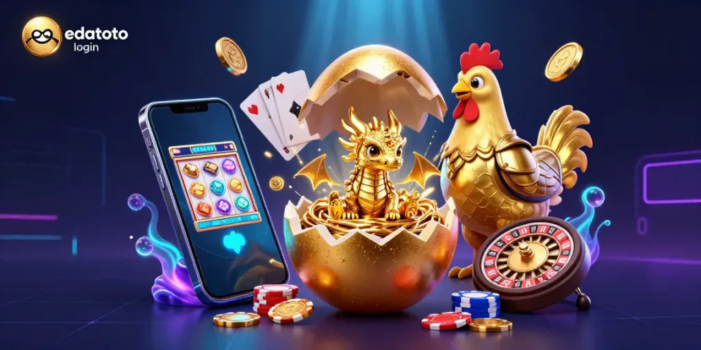 Experience seamless edatoto login with a golden dragon and gaming elements in a dazzling casino scene.