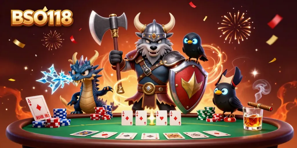 Engage in thrilling action at BSO118 with a vivid scene of a Viking wolf, dragon, and raven amidst a poker extravaganza.