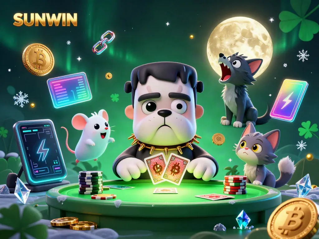 Win big with SUNWIN in this exciting 3D illustration featuring casino characters and crypto elements!