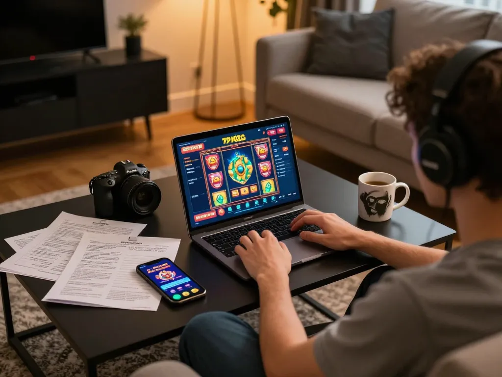 Engaged player exploring 79 king games on a laptop, showcasing responsible gaming habits at home