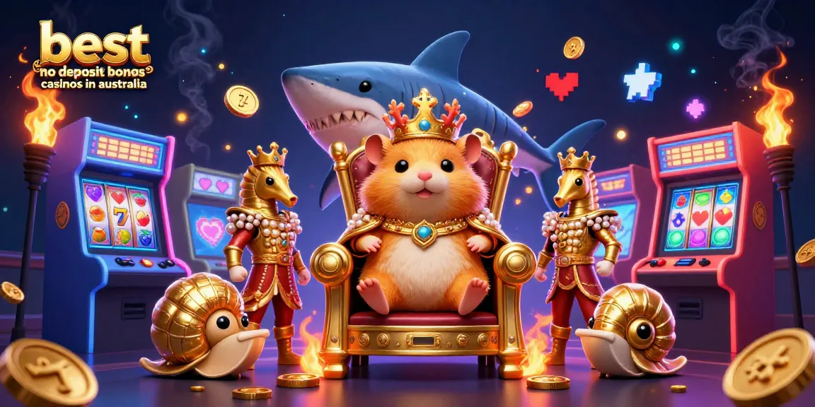 Engage with the best no deposit bonus casinos in australia through this vibrant illustration featuring unique casino elements and characters.