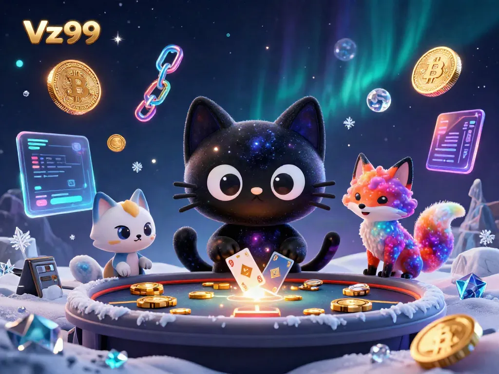 Experience the dynamic casino action with Vz99 as the black hole cat pulls in chips and cards in a vibrant cosmic scene.