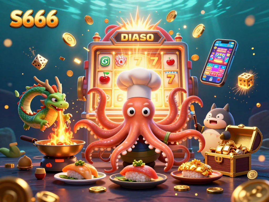 S666 offers a vibrant casino experience with cartoon characters enjoying games and excitement amidst dazzling slot machines.