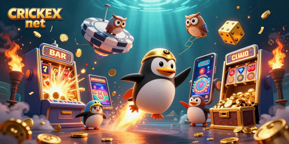 Experience the excitement of CRICKEX net with a rocket-powered penguin at a dazzling casino!