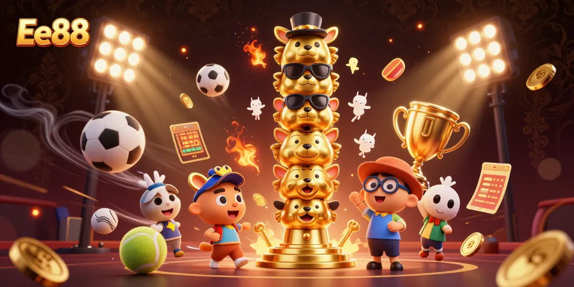 Win big with Ee88 in this vibrant 3D casino scene adorned with sports and golden elements.