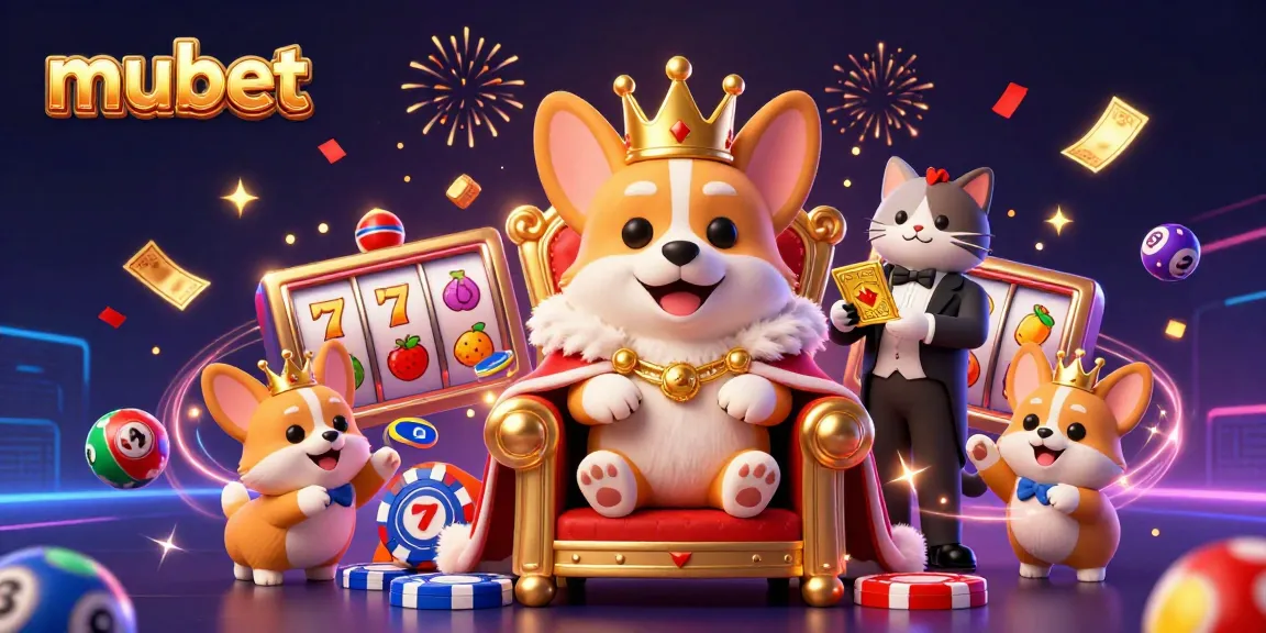 Experience mubet with the royal corgi on a throne amidst slot reels and vibrant casino elements.