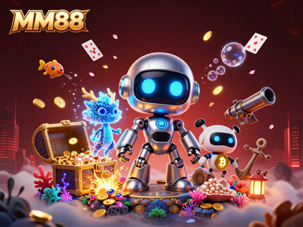 Experience the thrill of MM88 with a vibrant 3D illustration featuring cybernetic beings in a dynamic casino scene.