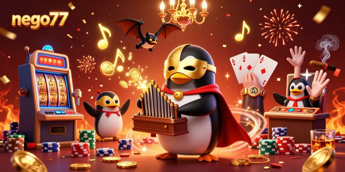 Engage with nego77's exciting slots as the penguin plays, releasing golden coins in a vibrant casino scene.