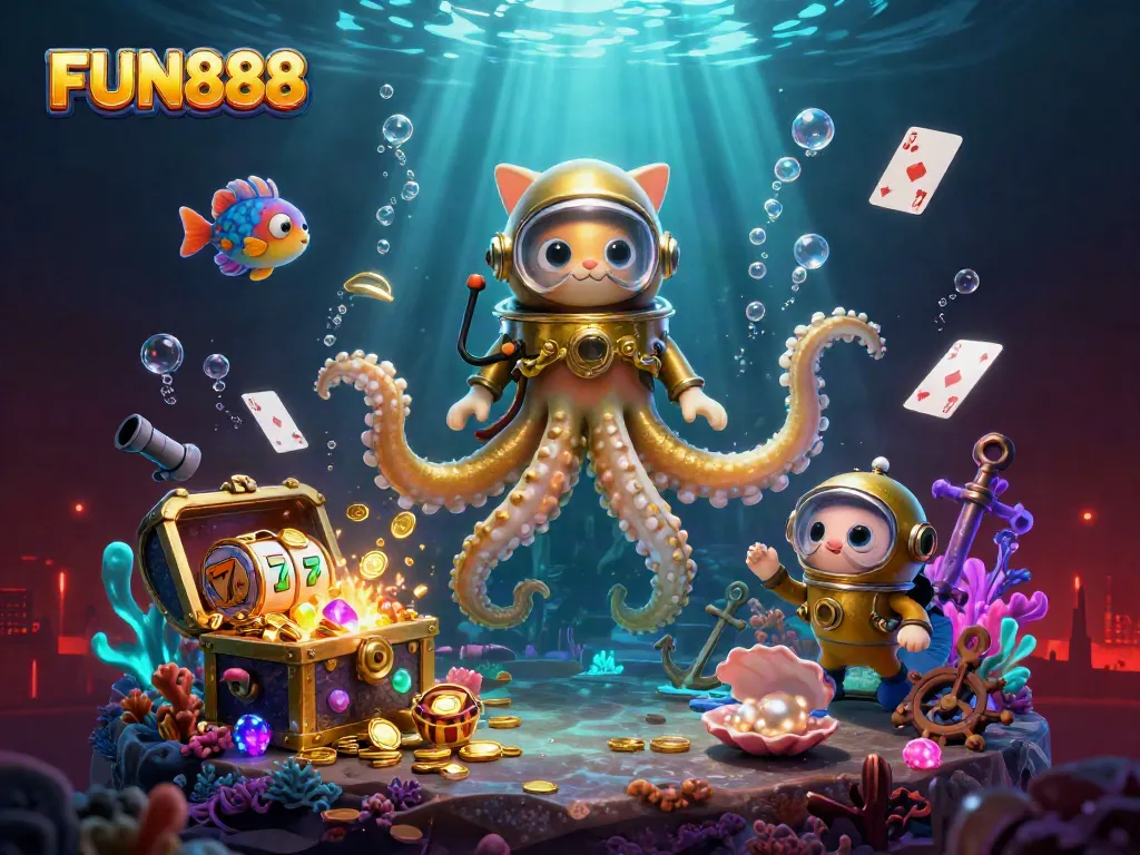 Experience the thrilling world of FUN888 with a vibrant underwater scene of a kraken and diving cat in a casino.