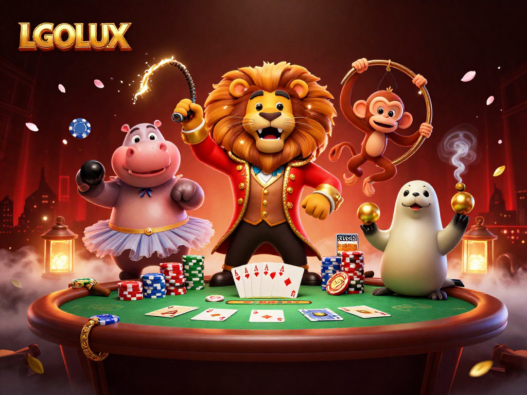 Experience thrilling gaming with LGOLUX featuring vibrant circus characters and dynamic poker elements.