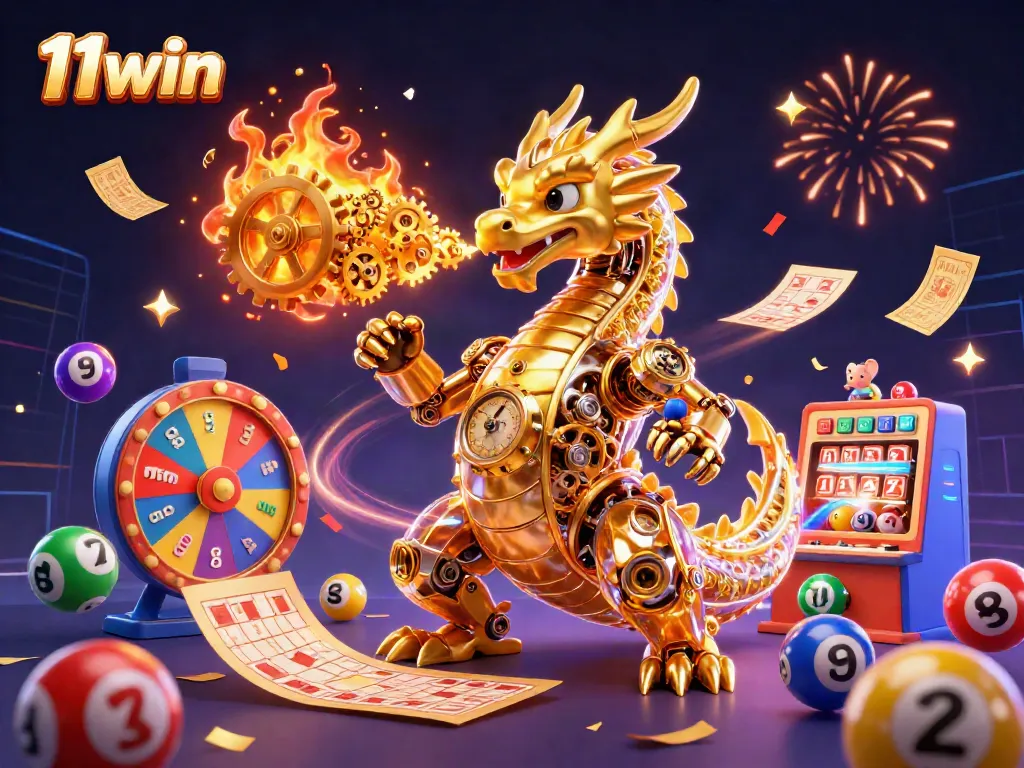 Visualize 11win with a golden dragon and lottery elements, showcasing exciting casino entertainment.
