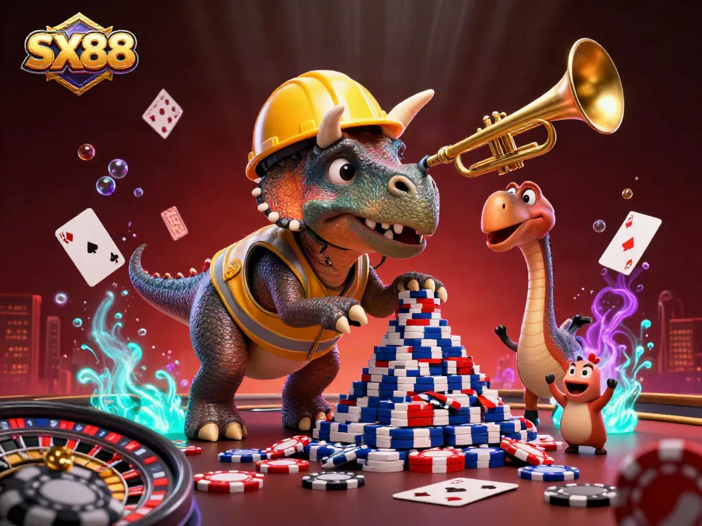 SX88 casino gaming scene with cartoon characters and vibrant elements celebrating a poker victory.