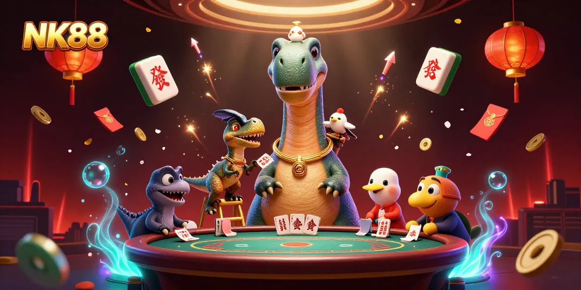 Experience the thrilling world of NK88 with a dynamic casino scene featuring vibrant characters and game elements.