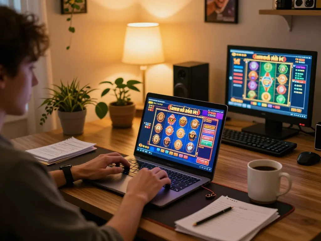 Engaging in Game bài nổ hũ on a laptop at home, showcasing vibrant online slots interface.