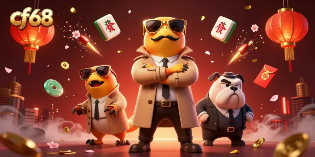 cf68 characters playfully attempting entry into a VIP casino venue, showcasing vibrant gambling elements.