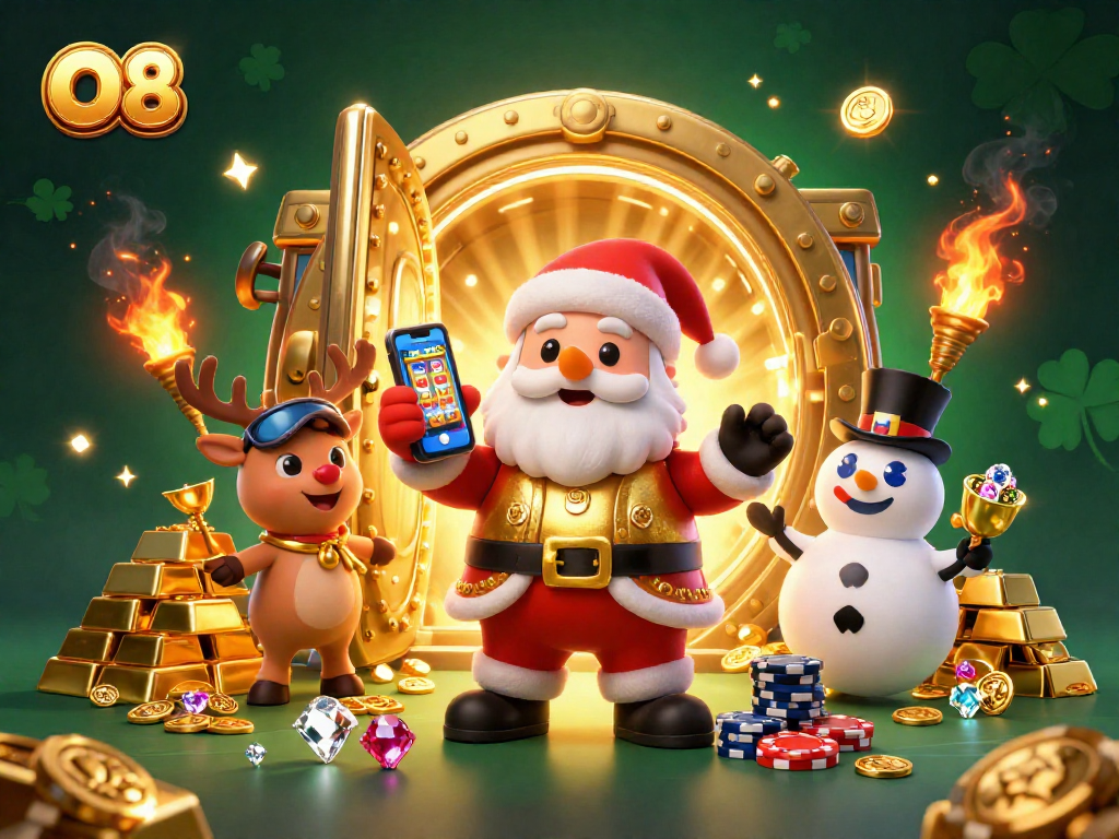 Experience the thrill of O8 with Santa and friends celebrating big jackpots in a vibrant casino atmosphere.