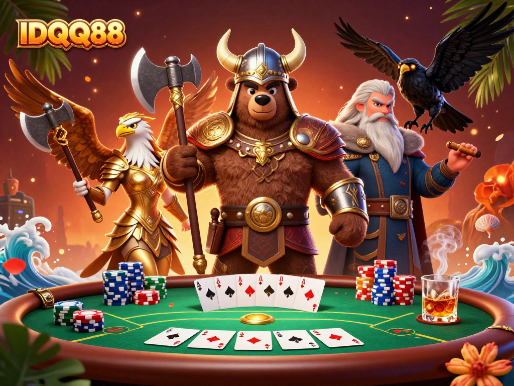 Experience the excitement of IDQQ88 poker with Viking characters in a vibrant casino scene.