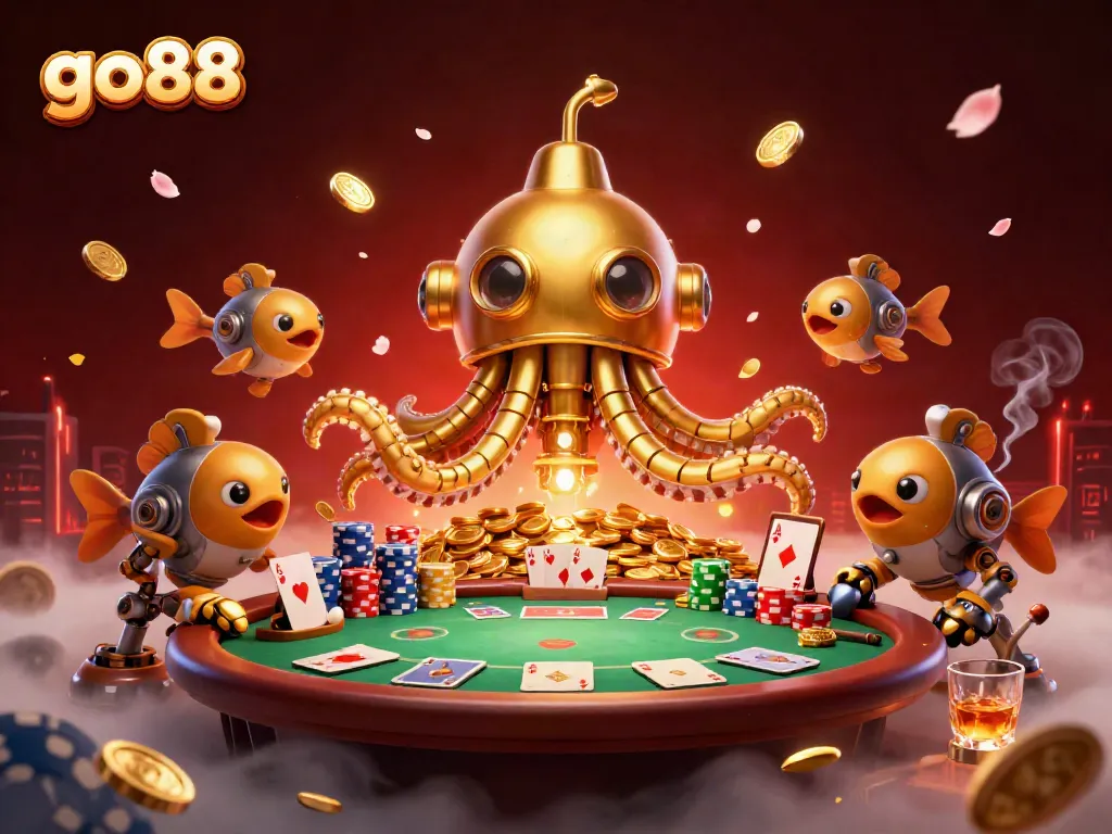 Experience excitement with go88's 3D kraken submarine surfacing through a sea of gold coins surrounded by poker elements.