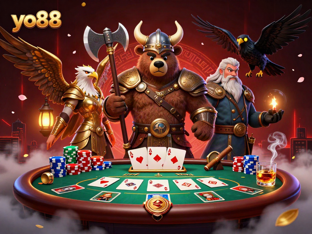 Join the thrilling adventure of yo88 with a Viking bear and Valkyrie eagle at an action-packed poker table.