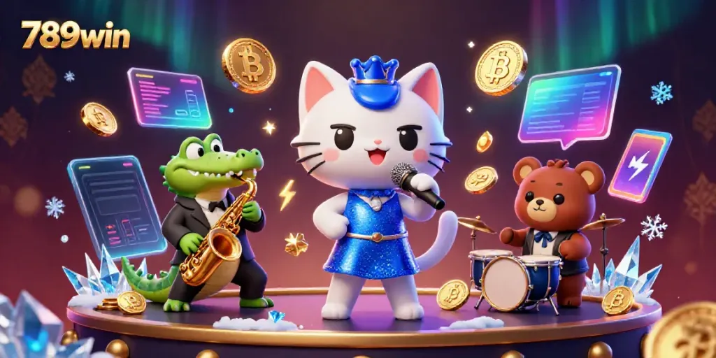 Experience the vibrant gaming soundscape with 789win’s jazzy characters and crypto elements in a dynamic casino scene.