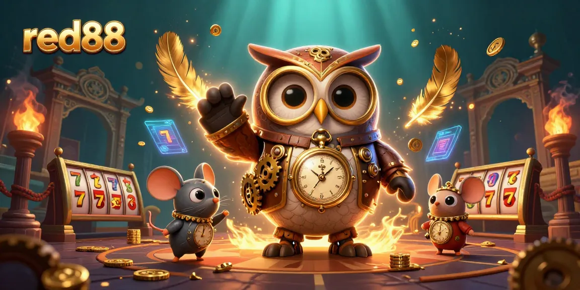 The red88 casino scene showcases a whimsical owl and mouse amidst a vibrant slot-filled atmosphere.