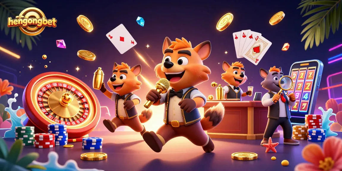 Experience HengOngBet's comedic casino atmosphere with hyenas, vibrant slots, and engaging game elements.