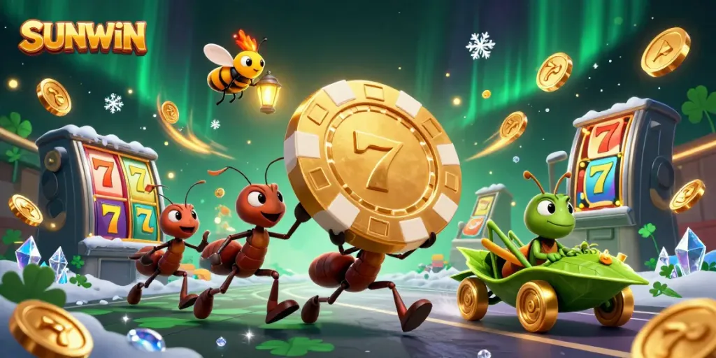 Join the ants on a thrilling SUNWIN heist with giant poker chips, slot reels, and sparkling gems!