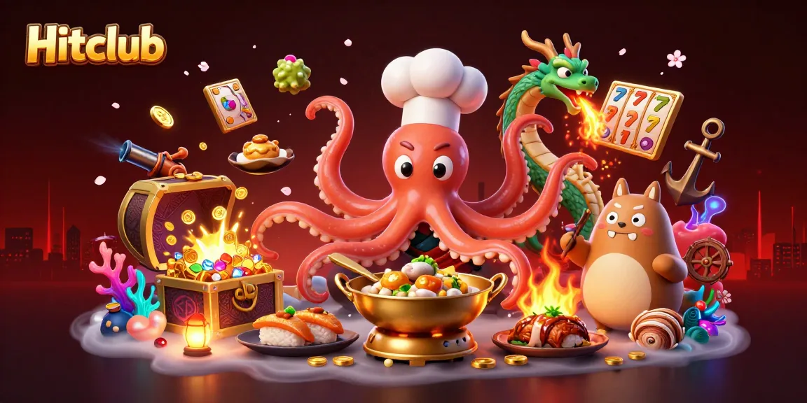 Hitclub showcases a vibrant 3D casino scene featuring a sushi chef octopus and friends in action.