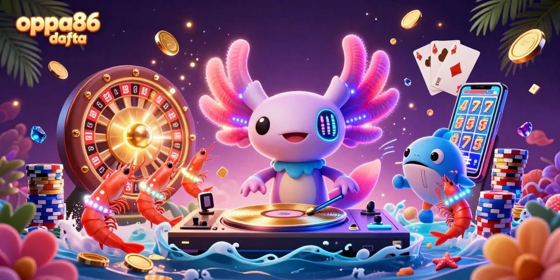 A vibrant casino scene with characters celebrating as they spin the roulette and play cards at oppa86 dafta